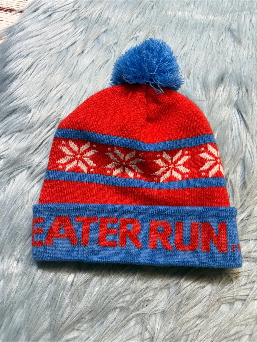 Ugly Sweater Run Red & Blue Pom Pom Knit Beanie